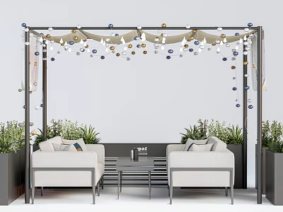 Modern Outdoor Sofa And Coffee Table Set With Decorative String Lights And Potted Plants 3d model