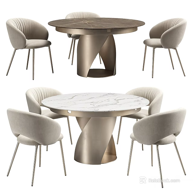 Elegant Modern Round Dining Table Set With Marble Top And Upholstered Chairs 3d model