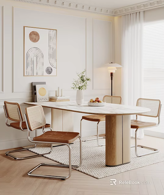 Dining Table Set With Marble Top Wooden Legs And Chairs With Woven Backrests Leather Seats 3d model 