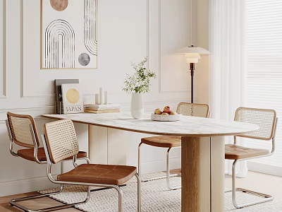 Dining Table Set With Marble Top Wooden Legs And Chairs With Woven Backrests Leather Seats 3d model