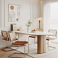Dining Table Set With Marble Top Wooden Legs And Chairs With Woven Backrests Leather Seats