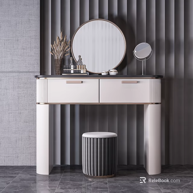 Modern Dressing Table Interior Design With Round Mirror Stool And Decorative Plants 3d model