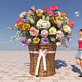 Large Woven Basket Floral Installation With Colorful Flowers And Pink Ribbon Bow In Outdoor Setting