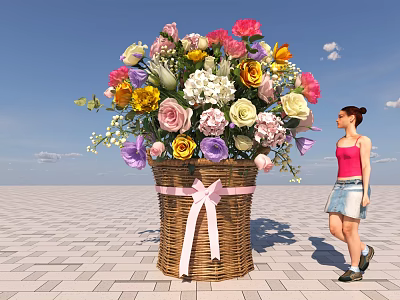 Large Woven Basket Floral Installation With Colorful Flowers And Pink Ribbon Bow In Outdoor Setting 3d model