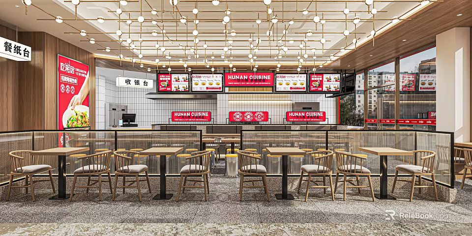 Bright Modern Restaurant Dining Space With Tables Chairs Ceiling Lights And Menu Screens 3d model