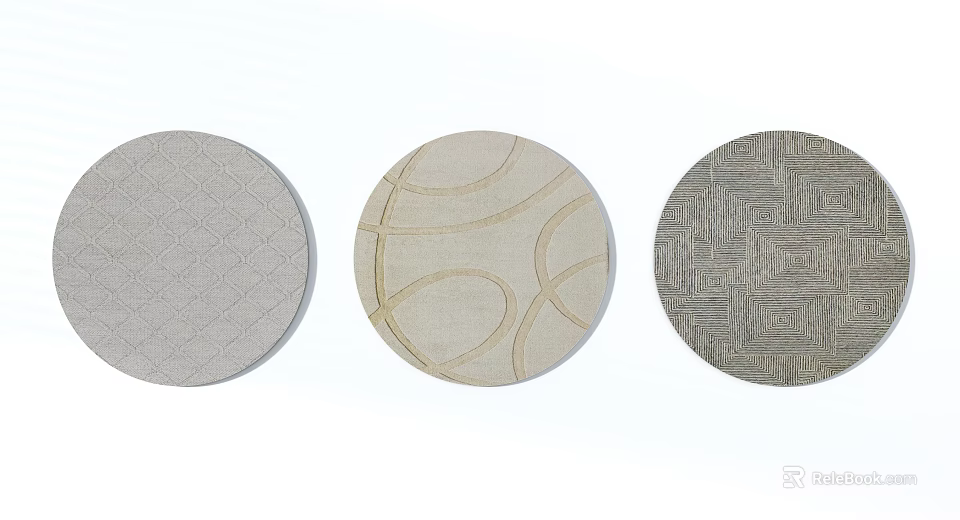 Three Round Rugs Featuring Neutral Tones and Geometric Curved Patterns 3d model