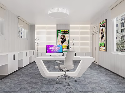 Contemporary Office Interior With White Desk Chair Monitor Wall Posters Windows Ceiling Light Gray Carpet 3d model