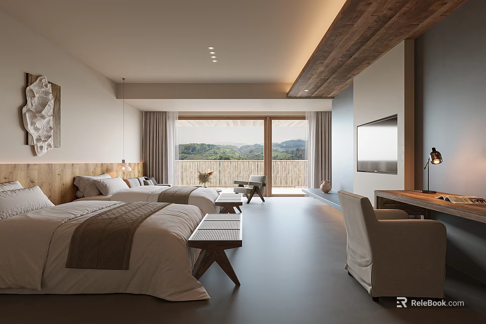 Serene Hotel Guest Room Interior With Bed Wooden Ceiling Sliding Doors And Mountain View 3d model 