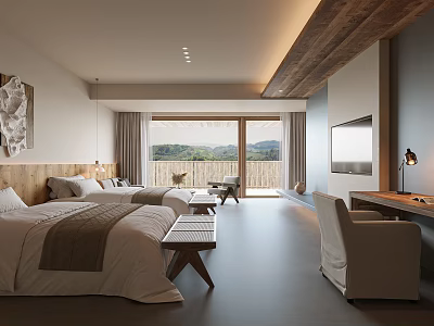 Serene Hotel Guest Room Interior With Bed Wooden Ceiling Sliding Doors And Mountain View 3d model