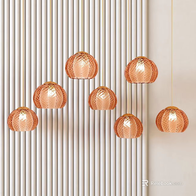 Modern Interior With Copper Woven Spherical Pendant Lights And Vertical Striped Wall 3d model 