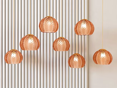Modern Interior With Copper Woven Spherical Pendant Lights And Vertical Striped Wall 3d model