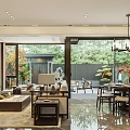 Modern Living And Dining Room Interior With Wooden Furniture Large Windows And Chandelier