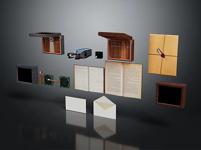 Vintage Decorative Ornament Set With Wooden Boxes Books Envelopes And Frames 3d model