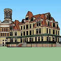 Classical European Style Hotel Building With Tower Red Brown Roof And Porch