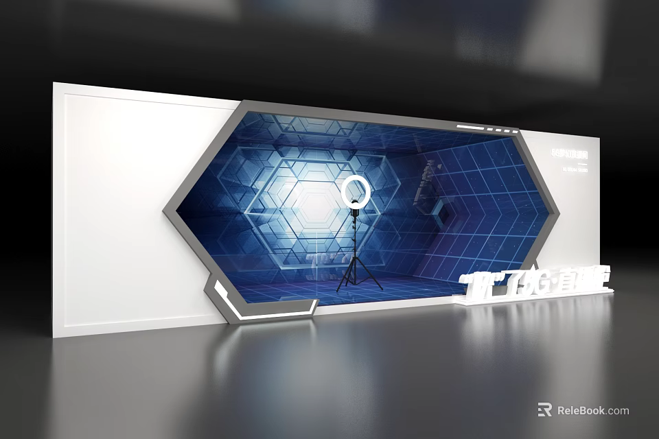 Modern Tech Display Stand With Hexagonal Frame Blue Grid Background And Ring Light On Tripod 3d model