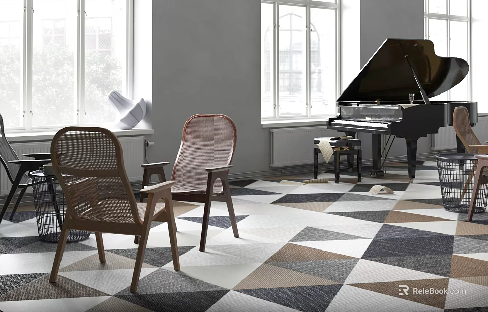 Elegant Room with Musical Instruments Art Supplies Grand Piano Wicker Chairs and Geometric Floor 3d model 