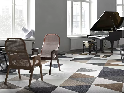 Elegant Room with Musical Instruments Art Supplies Grand Piano Wicker Chairs and Geometric Floor 3d model