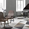 Elegant Room with Musical Instruments Art Supplies Grand Piano Wicker Chairs and Geometric Floor