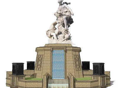 Ornate Stone Fountain With Multi Figure Sculptural Statue And Flowing Water On Decorative Base 3d model