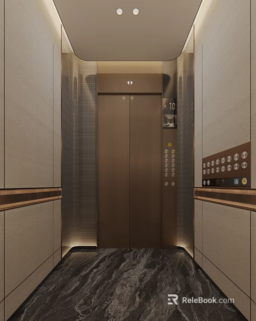 Elevator Lobby With Brown Metallic Doors Beige Paneled Walls Control Panel And Floor Lighting 3d model 