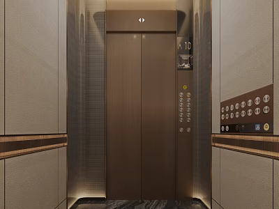 Elevator Lobby With Brown Metallic Doors Beige Paneled Walls Control Panel And Floor Lighting 3d model