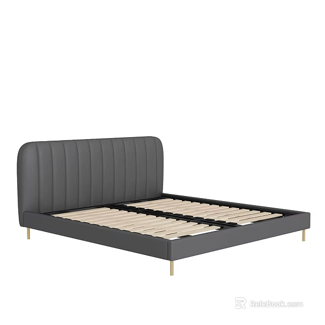 Modern Double Bed With Gray Upholstered Vertical Tufted Headboard And Gold Metal Legs 3d model 