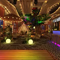 Inviting Indoor Cafe Lounge With String Lights Decorative Tree Stone Path And Glowing Lights 3d model