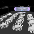 Elegant Banquet Hall With Blue Lighting Stage Logo Round Tables White Tablecloths And Chairs