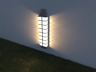 Outdoor Wall Light with Sleek Vertical Grid Design Illuminating White Wall and Green Grass 3d model