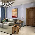 Modern Living Room Interior With Beige Sofa Colorful Pillows Wooden TV Wall And Decorative Paintings