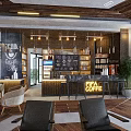 Modern Café Interior Design With Large Windows Wooden Ceiling And Cozy Seating Area