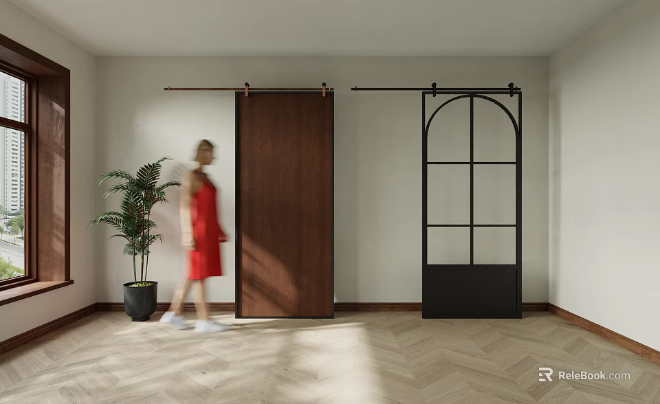 Modern Interior With Wooden And Black Arched Glass Sliding Doors Herringbone Floor 3d model 