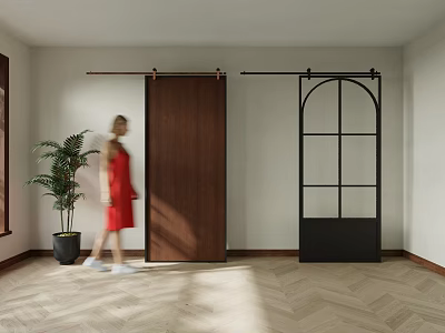 Modern Interior With Wooden And Black Arched Glass Sliding Doors Herringbone Floor 3d model