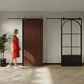 Modern Interior With Wooden And Black Arched Glass Sliding Doors Herringbone Floor