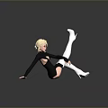 Blonde Woman in Black Bodysuit White Thigh High Socks White Heels on Shiny Black Floor