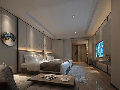 Modern Hotel Guest Room Interior With Comfortable Bed TV Sofa And Decorative Elements 3d model
