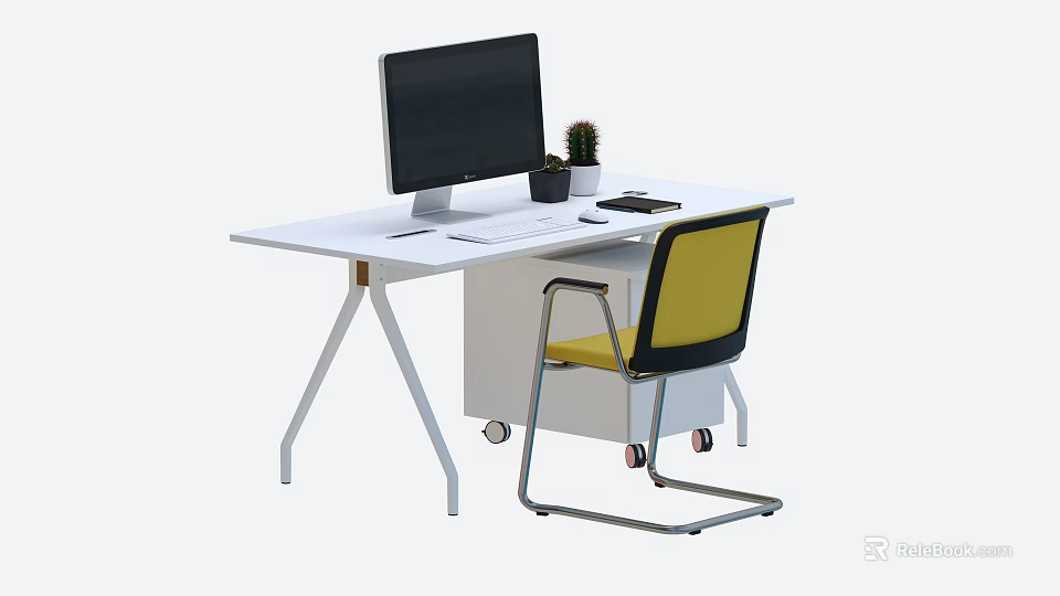 Modern White Desk Setup With Black Monitor Keyboard Mouse Small Plant And Yellow Chair 3d model 