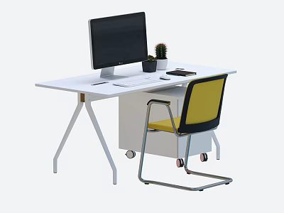 Modern White Desk Setup With Black Monitor Keyboard Mouse Small Plant And Yellow Chair 3d model