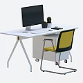 Modern White Desk Setup With Black Monitor Keyboard Mouse Small Plant And Yellow Chair
