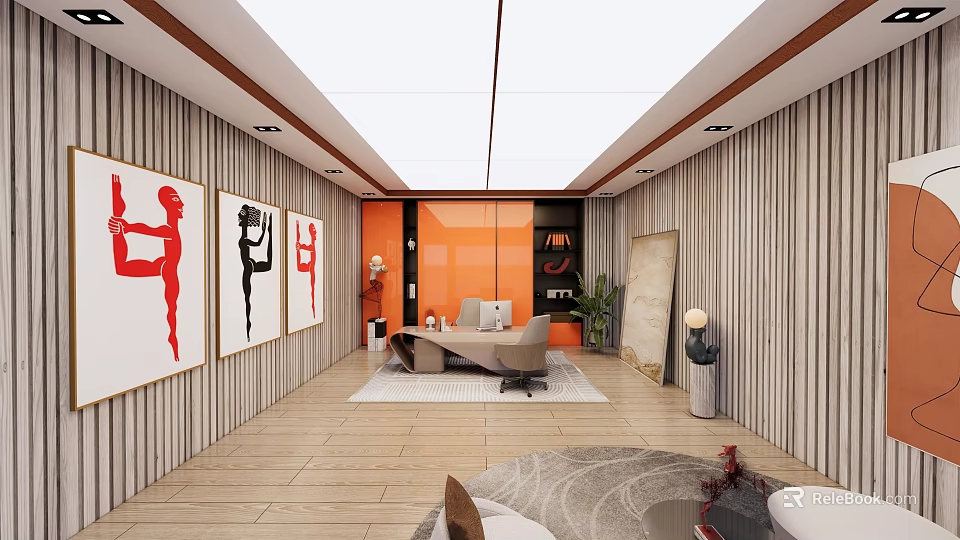 Modern Office Interior With Orange Walls Wooden Striped Panels Art Paintings Desk Chair And Plants 3d model 