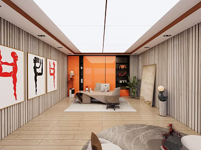Modern Office Interior With Orange Walls Wooden Striped Panels Art Paintings Desk Chair And Plants 3d model
