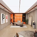 Modern Office Interior With Orange Walls Wooden Striped Panels Art Paintings Desk Chair And Plants