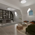 Duplex Living Room Interior With Built-in Bookshelves Writing Desk Area Rug And Skylight Window