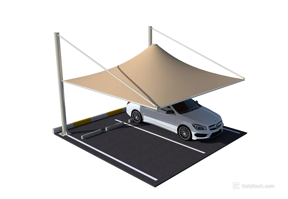 Beige Canopy Carport With Support Poles Covering White Car In Parking Space 3d model 
