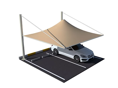 Beige Canopy Carport With Support Poles Covering White Car In Parking Space 3d model