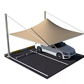 Beige Canopy Carport With Support Poles Covering White Car In Parking Space