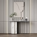 Modern Minimalist Console Table with Marble Top Geometric Decorations Green Plant and Lighting