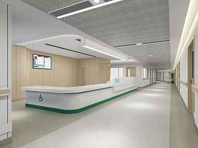 Spacious Hospital Corridor With Nurse Station Information Screen And Wheelchair Accessible Design 3d model