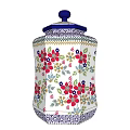 Octagonal Ceramic Jar With Blue Lid And Colorful Floral Patterns On White Base