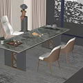 Modern Tea Room Interior With Marble Long Table Tea Set Fruit Plate And Chairs 3d model